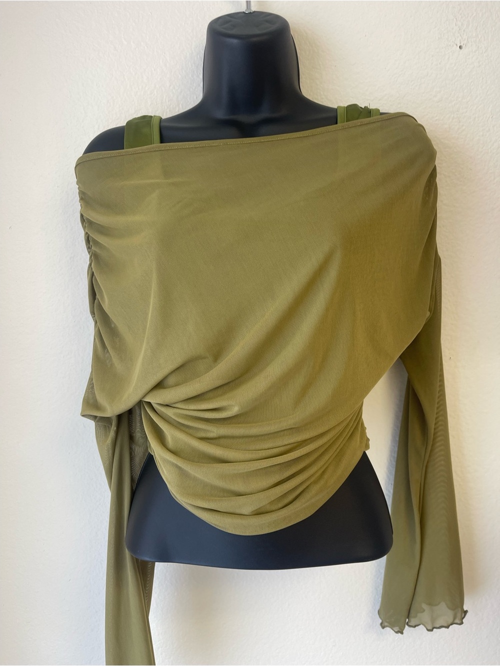 Olive Green Sheer Ruched Wrap Top